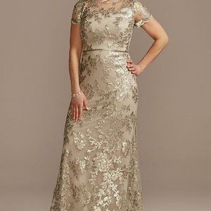Oleg Cassini - Mother of the Bride lace applique cap-sleeve long sheath dress